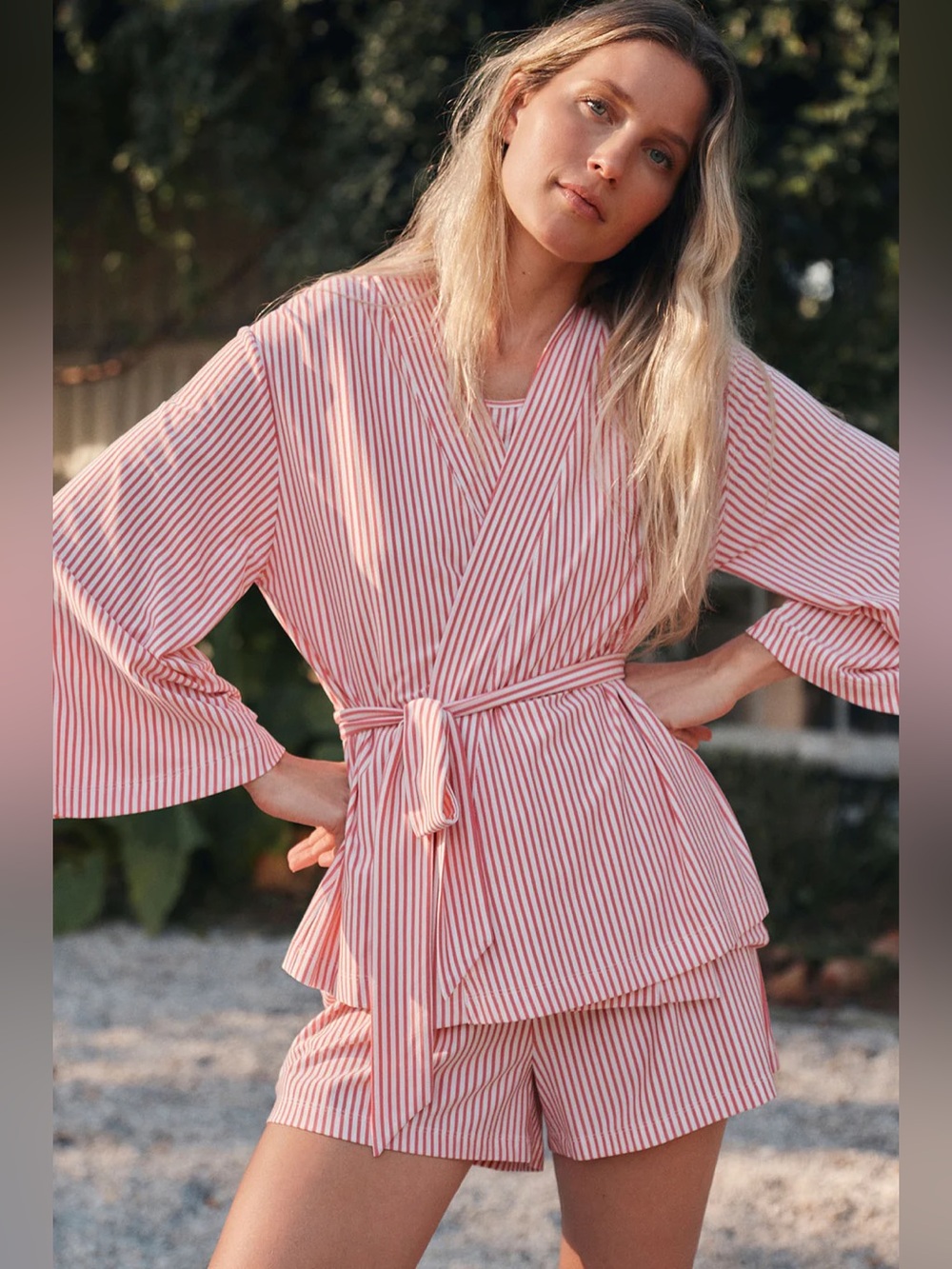 LAKE DreamModal Kimono Winterberry Red Pencil Stripe Robe Top Cardigan Medium
